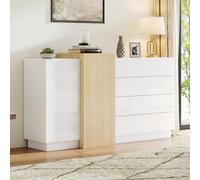 Seyakany Credenza bianca lucida, con 2 ante e 4 cassetti, mobile da sala da pranzo moderno con spazio di archiviazione, mobile portaoggetti moderno, colore legno minimalista, 150 x 37,5 x 87