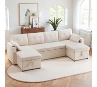 Seyakany Divano letto moderno con portabicchieri e due spazi di stoccaggio, divano ad angolo convertibile, divano a 4 posti adatto alle famiglie, saloni e altri luoghi, cotone e lino, beige