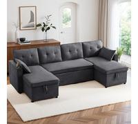 Seyakany Divano letto moderno con portabicchieri e due spazi di stoccaggio, divano ad angolo convertibile, divano a 4 posti adatto alle famiglie, saloni e altri luoghi, cotone e lino, grigio