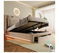 Seyakany Letto 140 x 200 con rete, letto baule con sollevamento idraulico, cassetti portaoggetti 2 in 1 a bottoni, barre luminose a LED da incasso, rete imbottita 140 x 200, senza materasso, velluto,