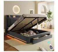 Seyakany Letto 140 x 200 con rete, letto baule con sollevamento idraulico, cassetti portaoggetti 2 in 1 a bottoni, barre luminose a LED da incasso, rete imbottita 140 x 200, senza materasso, velluto,