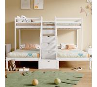 Seyakany Letto a castello a 3 posti 90 x 200 cm con scala di stoccaggio sicura, letto a castello per bambini con piccoli cassetti e barriere di sicurezza, certificato nel 747, senza materasso, pino