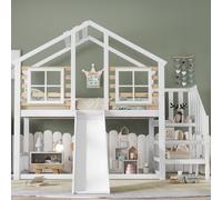 Seyakany Letto a castello per bambini, 90 x 200 cm, letto a soppalco 2 posti con scala e rampa, con scivolo e finestra, letto capanna per bambini in tronchi con protezione anticaduta, telaio in legno