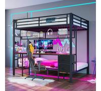 Seyakany Letto a soppalco 140 x 200 cm con striscia luminosa a LED e porta USB, in metallo, letto a castello per bambini a 2 posti, con cassetti e griglia di sospensione, scrivanie, con barriere e