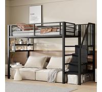 Seyakany Letto a soppalco 90 x 200 cm con scala di stoccaggio, letto a soppalco per bambini con ripiani, telaio in metallo con barriere, senza materasso, nero