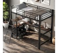Seyakany Letto a soppalco 90 x 200 cm, letto a soppalco per bambini con tre cassetti, con tavolo da 200 cm, scala inclinata a quattro gradini, adatto a bambini e ragazzi, ferro + truciolare, nero +
