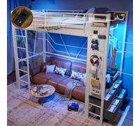 Seyakany Letto a soppalco 90 x 200 con striscia LED e prese USB Type-C,metallo letto a castello con stendibiancheria, mensole, 4 cassetto, ringhiera, telaio letto con pannello perforato, scala, per