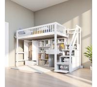 Seyakany Letto a soppalco 90x200, letto a soppalco Bambino, Arredato con Scrivania, scale, guide di sicurezza, armadietti, armadi, senza materasso, legno massello+MDF, Bianco