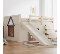 Seyakany Letto a soppalco basso 140 x 200 cm con guide e scivoli, letto a castello per bambini 140 x 200 con tre cassetti e due ante in legno massello, telaio letto con rete a doghe, senza materasso