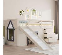 Seyakany Letto a soppalco basso 90 x 200 cm con guide e scivoli, letto a castello per bambini 90 x 200 con tre cassetti e due ante in legno massello, telaio letto con rete a doghe, senza materasso