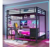 Seyakany Letto a soppalco per bambini, 140 x 200 cm, con striscia luminosa a LED e porta USB, in metallo, letto a castello a 2 posti, con cassetti e griglia di sospensione, scrivanie, con barriere e