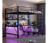 Seyakany Letto a soppalco per bambini, 140 x 200 cm, in metallo, letto a soppalco a 2 posti, con barriere e scala, con prese USB ed elettriche, con illuminazione a LED, scrivania, multiripiani, senza