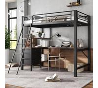 Seyakany Letto a soppalco per bambini, 90 x 200 cm, letto a soppalco 1 posto con tre cassetti e tavolo da 2 m di lunghezza, scala inclinata a 4 gradini, ferro + pannelli di particolato, colore nero +
