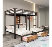 Seyakany Letto a soppalco per bambini a 3 posti (2 x 90 x 200 cm e 1 x 140 x 200 cm), in metallo letto a castello con 2 cassetti e 1 ripiani, telaio letto con barriere laterali per adolescenti, senza