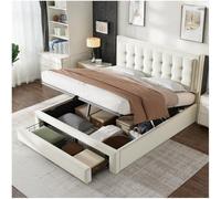 Seyakany Letto baule 140 x 190 con 2 cassetti,sistema idraulico con spazio di archiviazione, telaio del letto 140 x 190 con rete e testiera del letto, velluto, beige