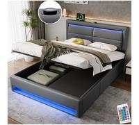 Seyakany Letto baule 140 x 190 con connessione USB e ricarica senza fili, con illuminazione a LED e 3 cassetti di stoccaggio, telaio per letto 140 x 190 con rete, PU, grigio