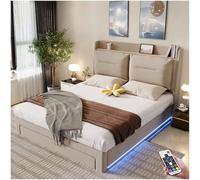 Seyakany Letto baule 140 x 190 con luminoso LED e cassetti,due schienali imbottiti, sistema idraulico, letto con stoccaggio, telaio letto 140 x 190 con rete a doghe, velluto, beige