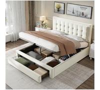 Seyakany Letto baule 140 x 200 con 2 cassetti,sistema idraulico con spazio di archiviazione, telaio del letto 140 x 200 con rete e testiera del letto, velluto, beige