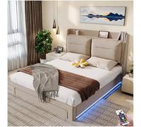 Seyakany Letto baule 140 x 200 con luminoso LED e cassetti,due schienali imbottiti, sistema idraulico, letto con stoccaggio, telaio letto 140 x 200 con rete a doghe, velluto, beige