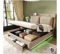 Seyakany Letto baule 160 x 200 con luminoso LED e cassetti,due schienali imbottiti, sistema idraulico, letto con stoccaggio, telaio letto 160 x 200 con rete a doghe, velluto, beige