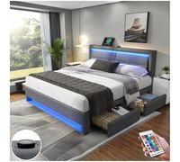 Seyakany Letto imbottito 140 x 200 cm con connessione USB e ricarica senza fili, letto matrimoniale con illuminazione a LED e quattro cassetti,letto 140 x 200 con rete, PU, grigio