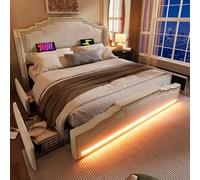 Seyakany Letto imbottito 140 x 200 cm con rete e 4 cassetti,Letto matrimoniale cassettone 140 x 200 con illuminazione a LED e porta di ricarica USB-C, velluto, cornici per letto per bambini e adulti