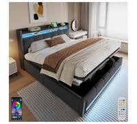 Seyakany Letto matrimoniale 180 x 200 cm con illuminazione a LED e presa USB, testiera con ripiani e contenitori, letto baule con cassapanca idraulica, tessuto lino grigio