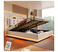 Seyakany Letto matrimoniale soffice 140 x 200 cm con striscia luminosa a LED, letto baule idraulico con USB+Type-C, testiera con vano portaoggetti, telaio del letto 140 x 200 con rete sollevabile