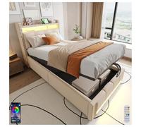 Seyakany Letto per bambini imbottito 90 x 200 cm con illuminazione a LED e presa USB, testiera con ripiani e contenitori, letto baule con cassapanca idraulica, tessuto lino beige