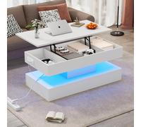 Seyakany Tavolino moderno con illuminazione a LED e spazio nascosto, tavolino con elevatore idraulico, presa di ricarica integrata, 100 x 50 x 42 cm, capacità di carico 50 kg, bianco