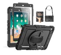 SEYMAC Cover per iPad 9,7 Pollic 6a/5a Generazione 2018/2017, Custodia per iPad Air 2, Custodia Antiurto con Protezione per lo Schermo, Girevole Supporto/Cinturino, Tracolla, Portamatite, Nero