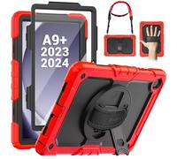 SEYMAC Cover per Samsung Galaxy Tab A9+ / A9 Plus - 11 Pollici 2023, Rosso | Custodia Antiurto con Pellicola Protettiva, Supporto Girevole a 360° e Cinghia da Mano, Tracolla, Portapenne e Robusta