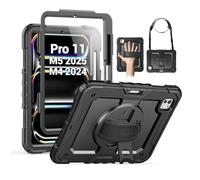 SEYMAC Custodia protettiva antiurto per iPad Pro 11 pollici 2024 (M4), resistente e antiurto con pellicola proteggi schermo, supporto girevole a 360°, tracolla e portapenne, per iPad Pro 11 2024, nero