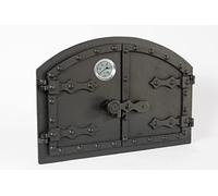 SEZAM Porta del forno doppia in ghisa con termometro 500 °C, con serratura, aspetto rivetto - forno per il pane - porta del forno in pietra, 53,2 x 5,5 x 35,5 cm, pittura nera