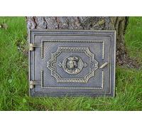 SEZAM Porta di ispezione massiccia per forni in ghisa, 32 x 3,5 x 25,5 cm, porta del camino, porta d'ingresso, per forni, forni e caminetti, pittura oro antico