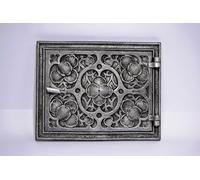 SEZAM Porta di ispezione massiccia per forni in ghisa, 32 x 3,5 x 25,5 cm, porta del camino, porta d'ingresso, per forni, stufe e caminetti, pittura argento antico