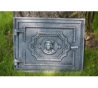 SEZAM Porta di ispezione massiccia per forni in ghisa, 32 x 3,5 x 25,5 cm, porta del camino, porta d'ingresso, per forni, stufe e caminetti, pittura argento antico