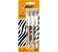 BIC Penne a sfera 4 Color Animal Fashion, stampa animalier, punta media 1,0 mm, confezione 3 pz
