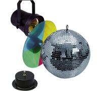 Sfera a specchi discoteca con motore,faretto e ruota colori :Mirrorballset 30cm