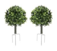 Sfera di bosso artificiale, piante sempreverdi, taglio sagomato | Set di 2 arbusti di bosso da 55 cm, con picchetto, per cortile, balcone, giardino, matrimonio