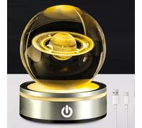 Sfera di cristallo 3D luce notturna, sfera di cristallo 3D del sistema solare con LED, sfera di cristallo LED in vetro colorato con base luminosa, lampada in vetro da 8 cm con base in legno per