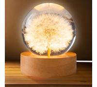 Sfera di cristallo, luce notturna, 6 cm, fiore di leone, lampada da notte con base in legno USB, ideale come regalo per la casa, decorazione da tavolo