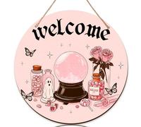 Sfera di neve con scritta "Welcome to Our Home" per porta d'ingresso, fantasiose rose e farfalle, in legno di pesco, decorazione per porta d'ingresso, set da 1 pezzo