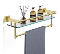 SFGSOWOR Mensola in vetro da bagno con portasciugamani organizer da parete per bagno, in acciaio inox SUS304, montaggio a parete, in vetro temperato (oro spazzolato, 50,8 cm)