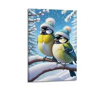 sfjjkh Poster con due uccellini in inverno su un ramo di neve, stampa artistica da parete su tela per soggiorno e camera da letto (60 x 90 cm) con cornice