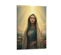 sfjjkh Poster religioso con immagine della Vergine Maria, mantello verde, campo di fiori, aureola, stampa artistica da parete su tela, per soggiorno, camera da letto, 40 x 60 cm, con cornice