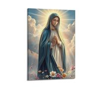 sfjjkh Poster religioso, stampa artistica da parete con immagine della Vergine Maria e preghiera, con gesto di preghiera, campo fiorito, per soggiorno, camera da letto, 40 x 60 cm, con cornice