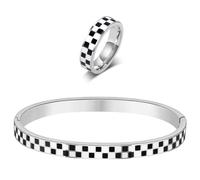 Sfloemm Set di gioielli in acciaio inox nero e bianco, coppia di anelli e braccialetto a scacchi, impilabili, non si ossidano, regalo per donne e uomini, size 10, Acciaio inossidabile, Nessuna pietra