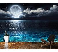 Sfondi 3D Fantasia Luna Piena Notte Sul Mare Carta Da Parati Paesaggio Naturale,Carte Da Parati Soggiorno Camera Da Letto Decorazioni Per La Casa,350(W)*256(H)Cm