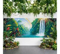 Sfondo a forma di foresta pluviale, 549 x 183 cm, foresta tropicale con cascata e motivo animali, sfondo in poliestere per feste di compleanno, cabina fotografica, decorazione da studio (stile